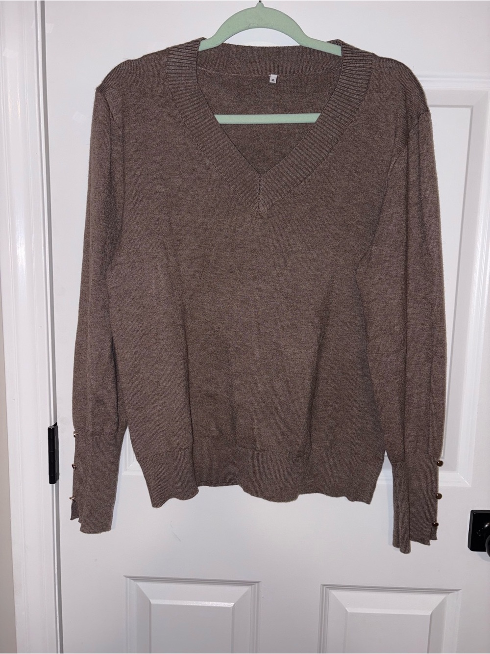 Women's Taupe V-Neck Sweater with Button Cuff Details